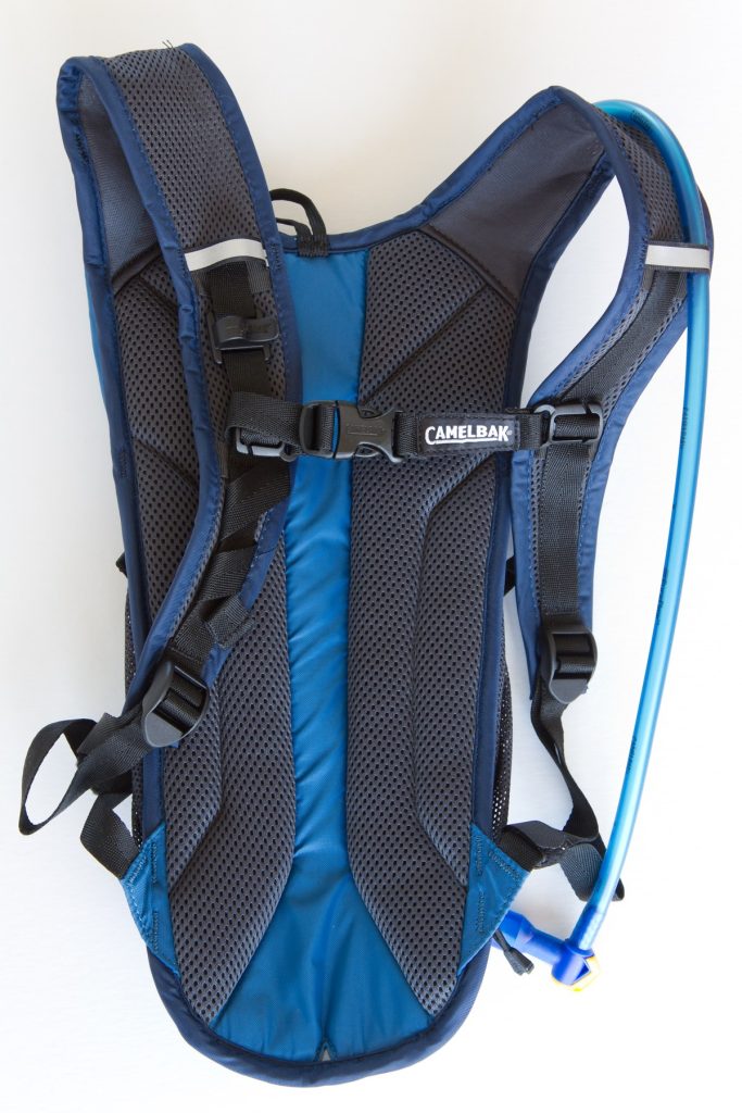Blue hydration pack with mesh shoulder straps, chest buckle and drinking hose.